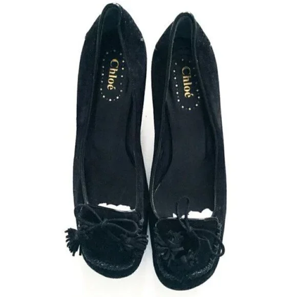 Chloe Black suede pump with bow and tassel, square toe, size 37.5 EU